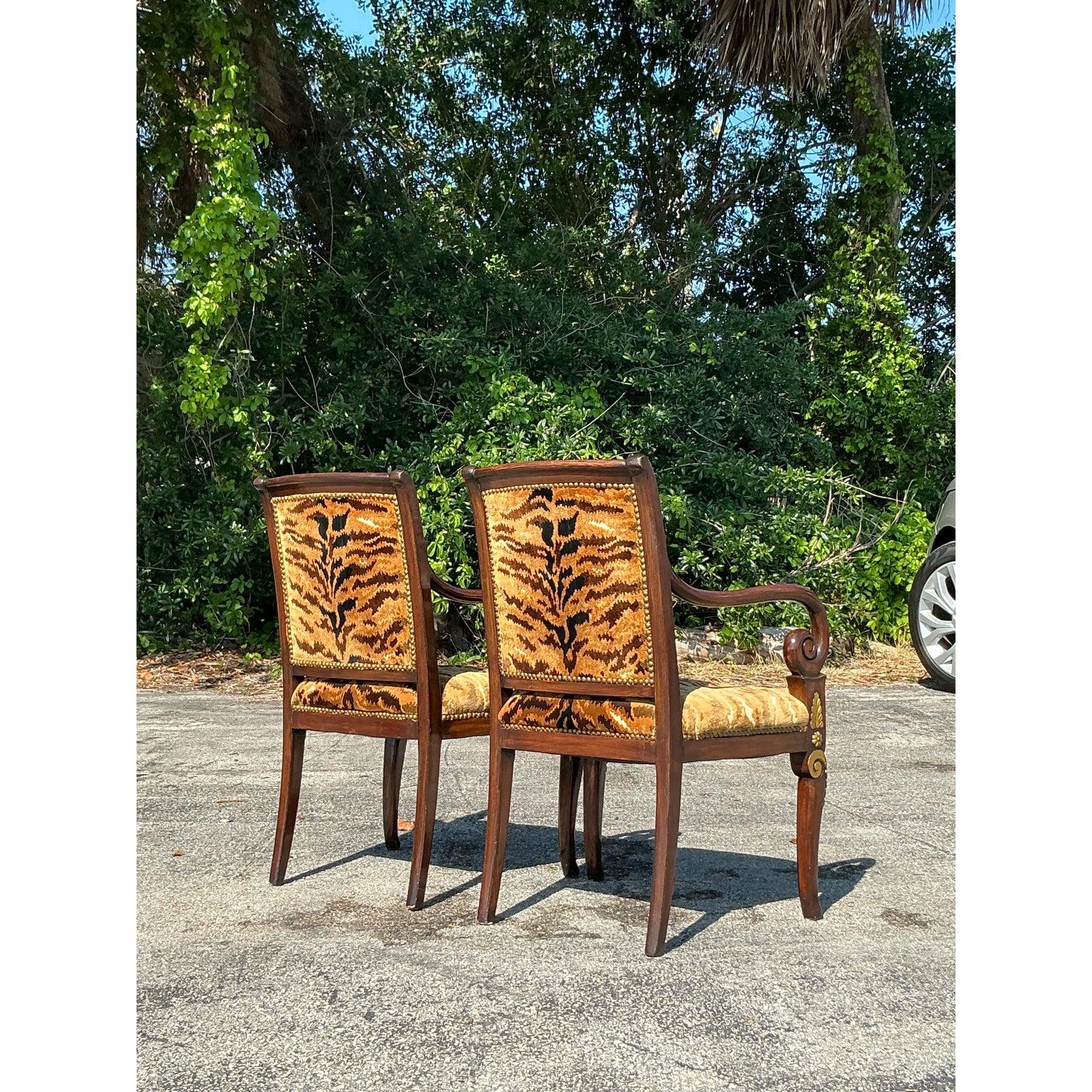 American Vintage Empire Gilt Tipped Scalamandre Tiger Fauteuil Chairs - A Pair For Sale