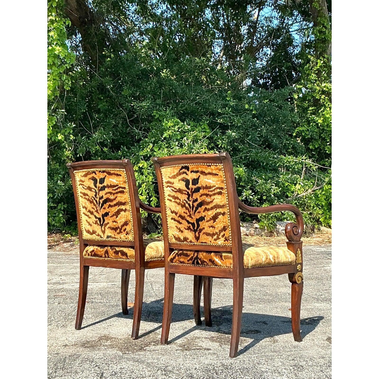 Vintage Empire Gilt Tipped Scalamandre Tiger Fauteuil Chairs - A Pair In Good Condition For Sale In west palm beach, FL