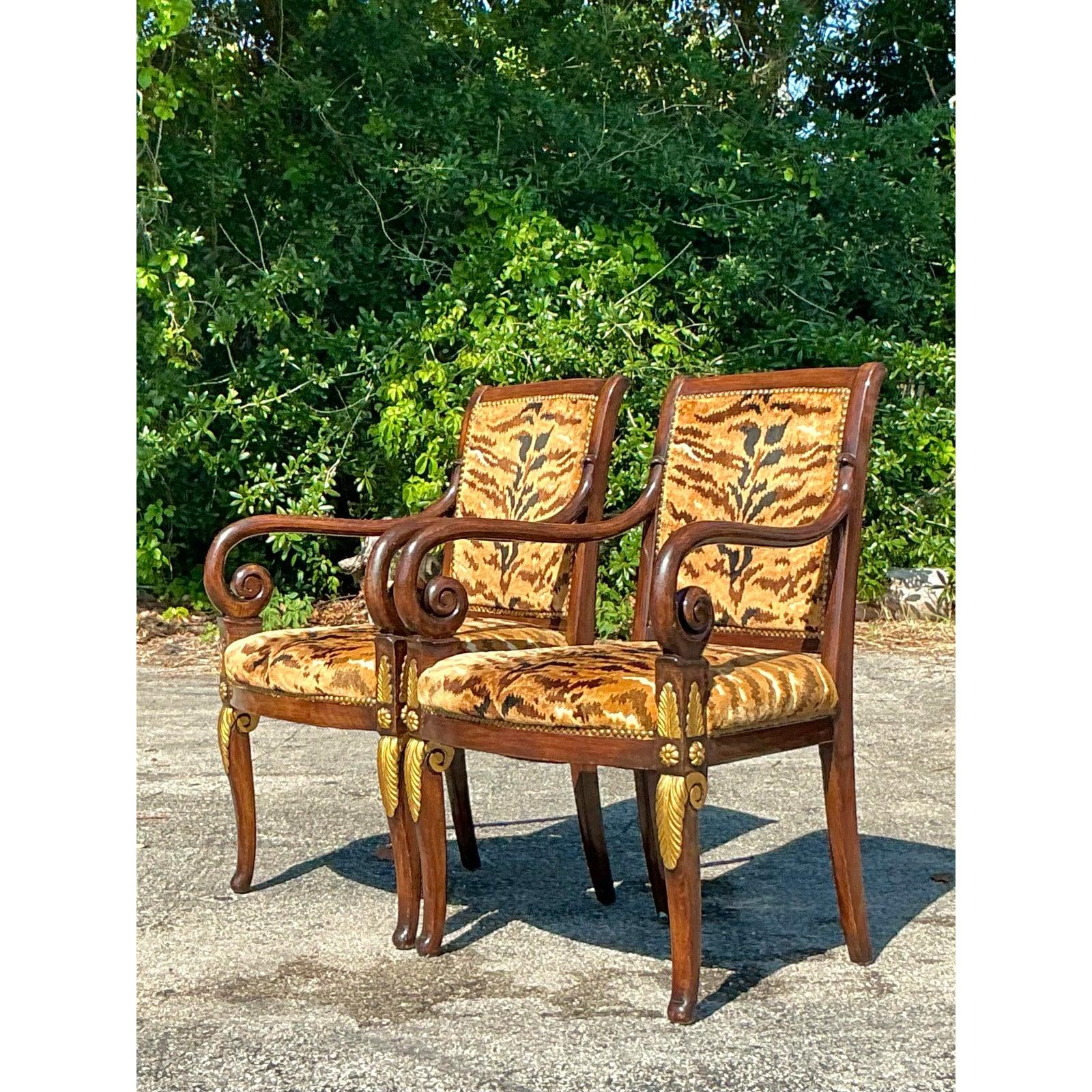 20th Century Vintage Empire Gilt Tipped Scalamandre Tiger Fauteuil Chairs - A Pair For Sale