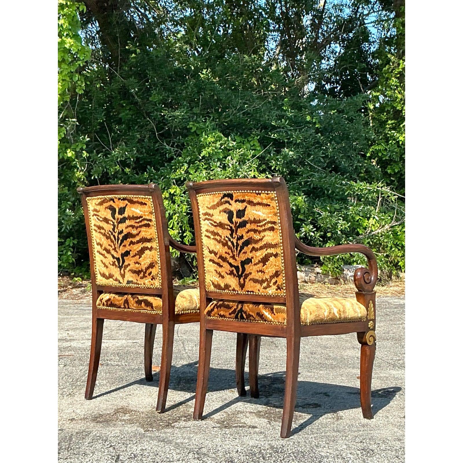 Upholstery Vintage Empire Gilt Tipped Scalamandre Tiger Fauteuil Chairs - A Pair For Sale