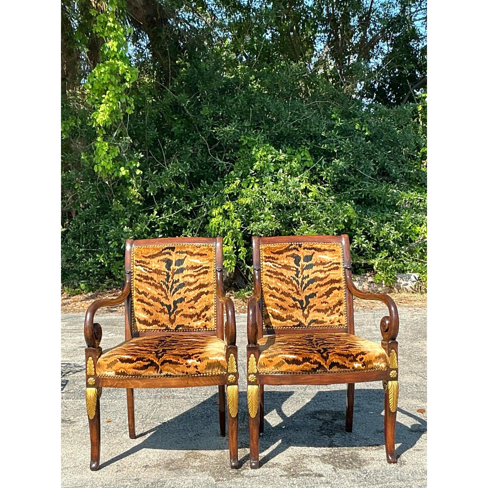 Vintage Empire Gilt Tipped Scalamandre Tiger Fauteuil Chairs - A Pair For Sale 1