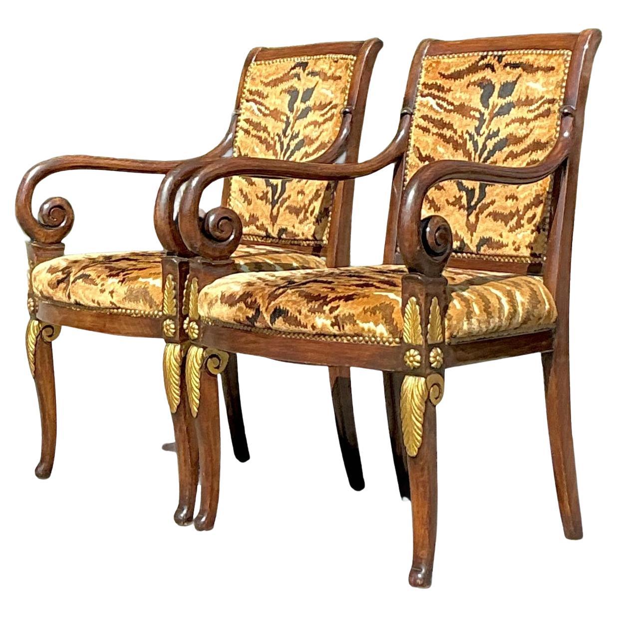 Vintage Empire Gilt Tipped Scalamandre Tiger Fauteuil Chairs - A Pair For Sale