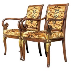 Vintage Empire Gilt Tipped Scalamandre Tiger Fauteuil Chairs - A Pair