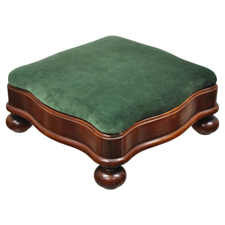Vintage Empire Mahogany Serpentine Green Upholstered Bun Feet Ottoman