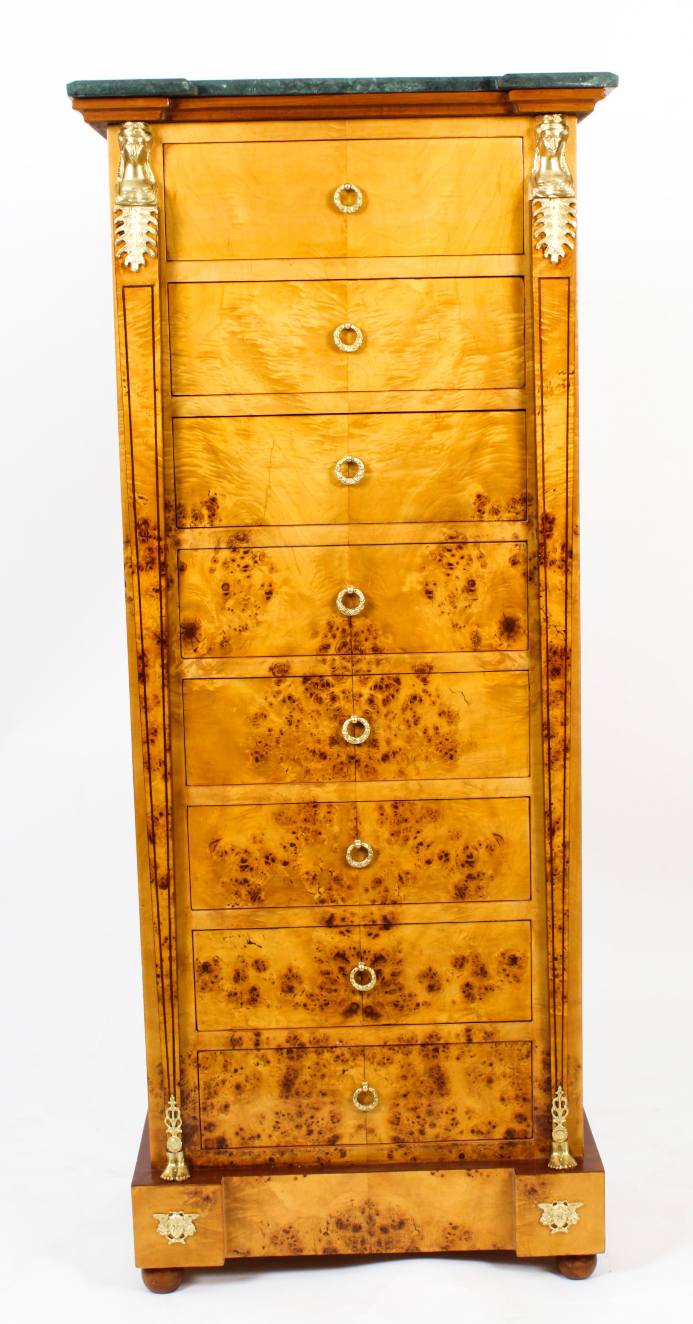 Ormolu Vintage Empire Revival Burr Maple Tall Chest 20th C For Sale
