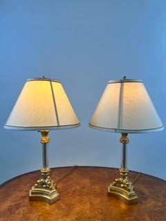 Vintage Empire Style Brass Fluted Crystal Column Table Lamp 1970's , a Pair