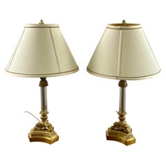 Vintage Empire Style Brass Fluted Crystal Column Table Lamp 1970's , a Pair
