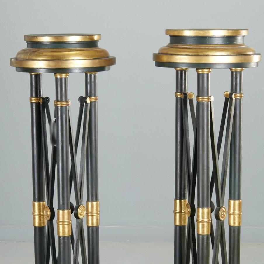 Greco Roman Vintage Empire Style Ebonised and Giltwood Torchiere Pedestals, a Pair For Sale