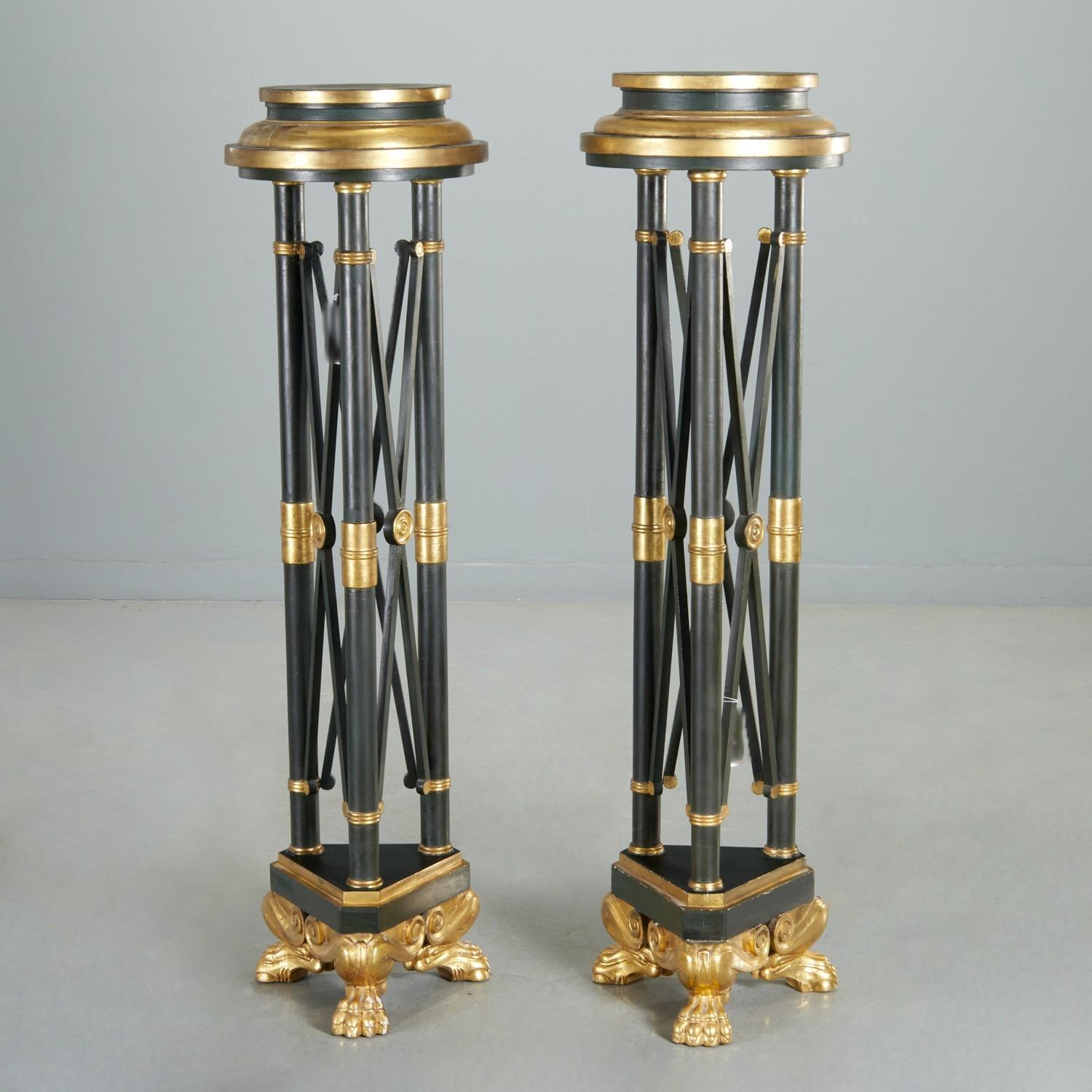 Vintage Empire Style Ebonised and Giltwood Torchiere Pedestals, a Pair For Sale 1