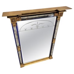 Vintage Empire Style Gilt Wall Mirror w/ Beveled Glass Edges & Cobalt Blue Trim