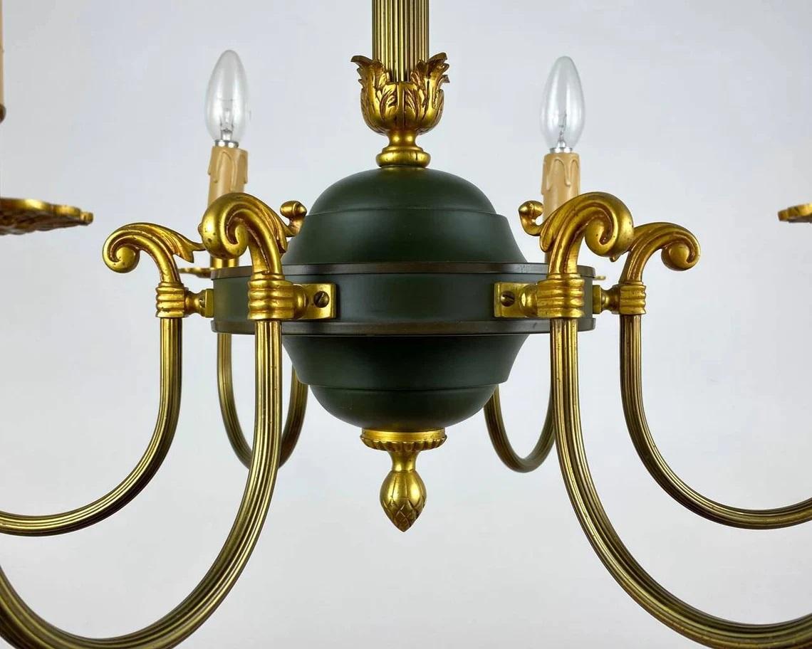 French Vintage Empire Style Green & Gilt Brass Chandelier