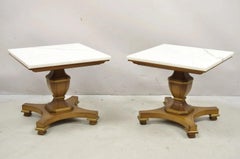 Vintage Empire Style Low Marble Top Pedestal Base Side Tables by Imperial - Pair