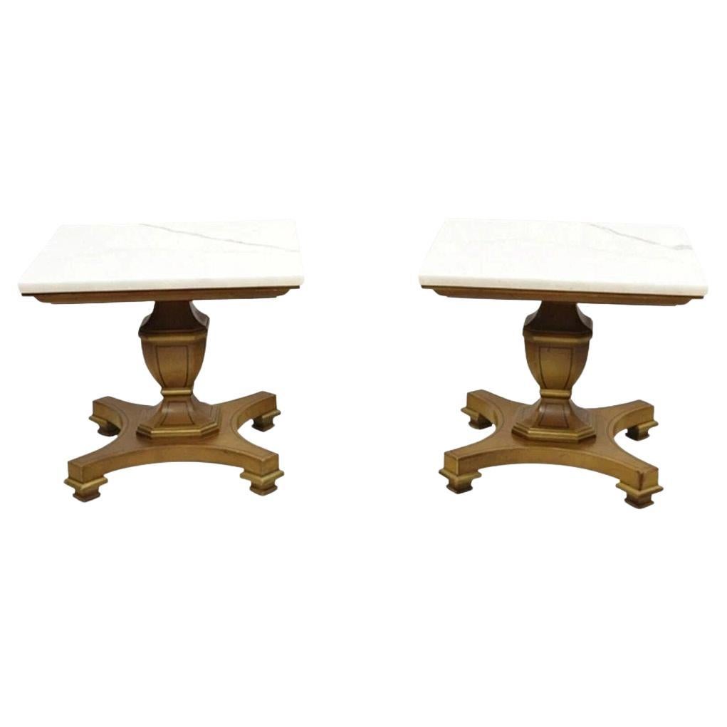 Vintage Empire Style Low Marble Top Pedestal Base Side Tables by Imperial - Pair For Sale