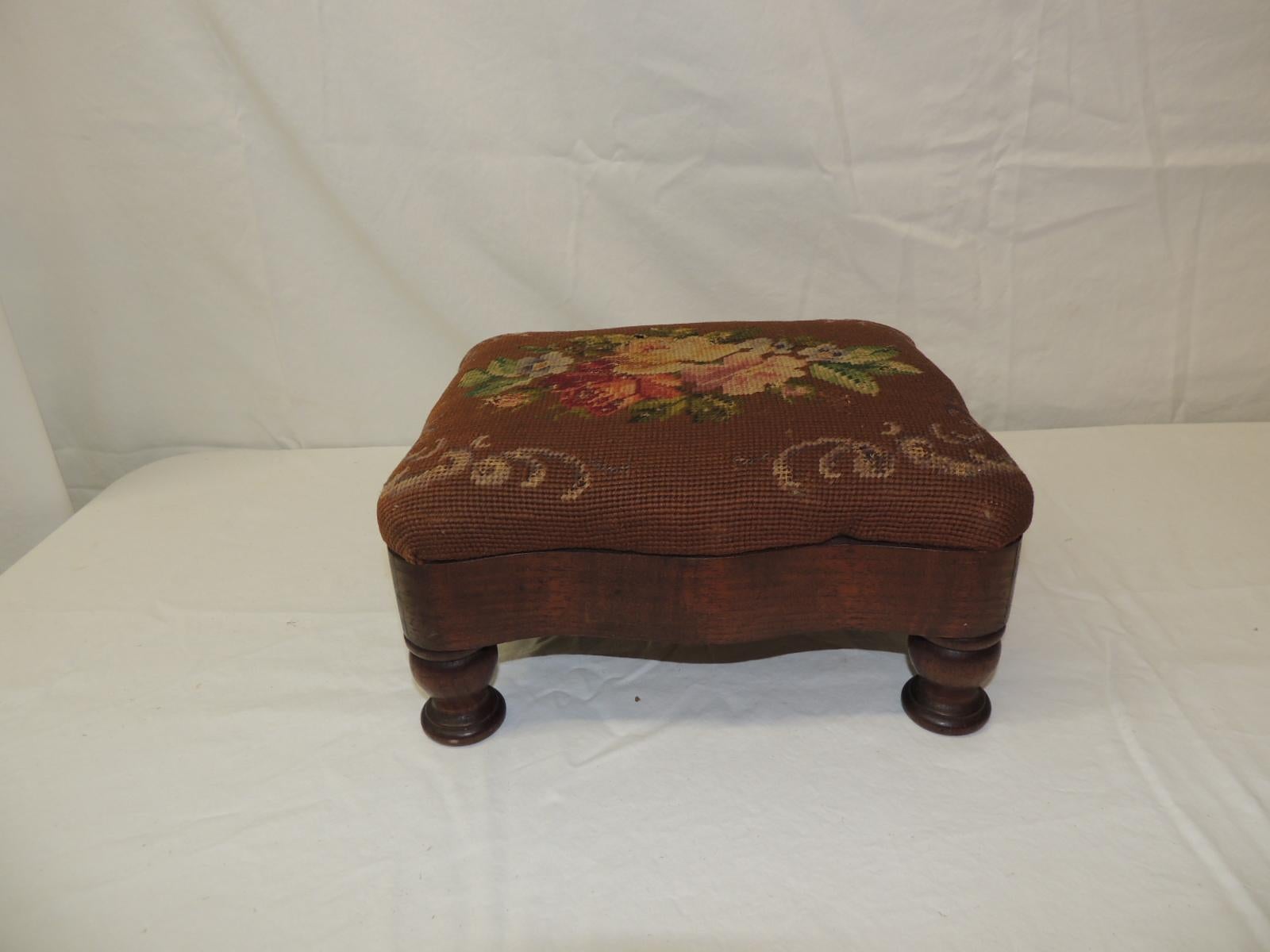 Vintage Empire style needlepoint floral tapestry footstool.
Empire style footstool stamped October 13 1927
Size: 12