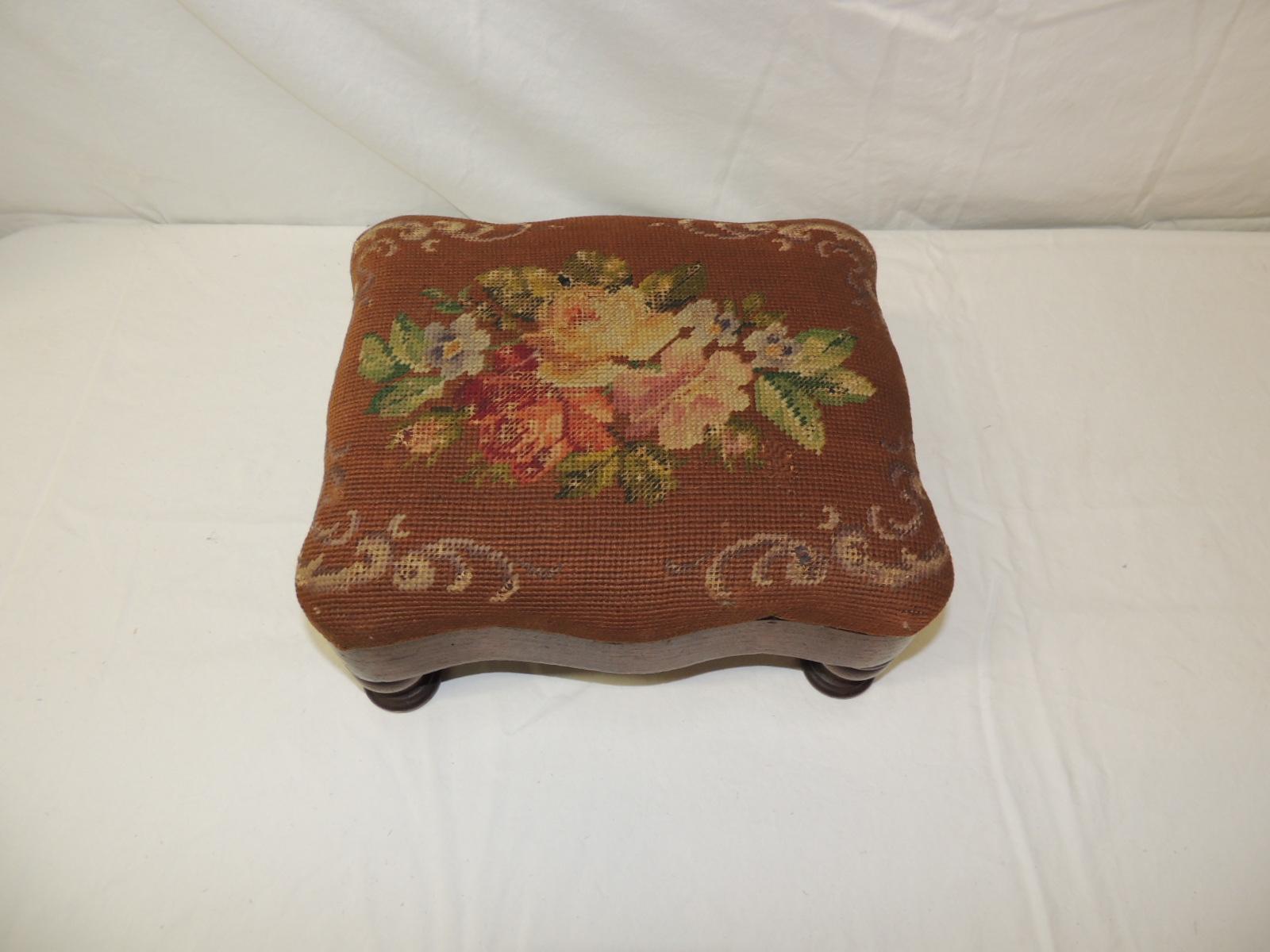 Belgian Vintage Empire Style Needlepoint Floral Tapestry Footstool