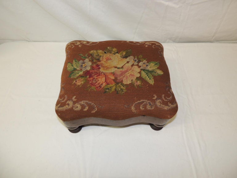 Vintage Empire Style Needlepoint Floral Tapestry Footstool For Sale at
