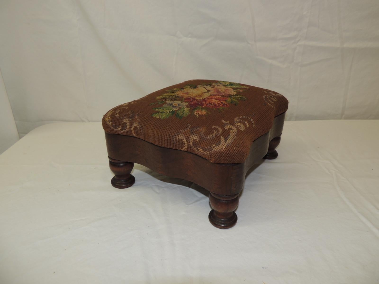 Hand-Crafted Vintage Empire Style Needlepoint Floral Tapestry Footstool