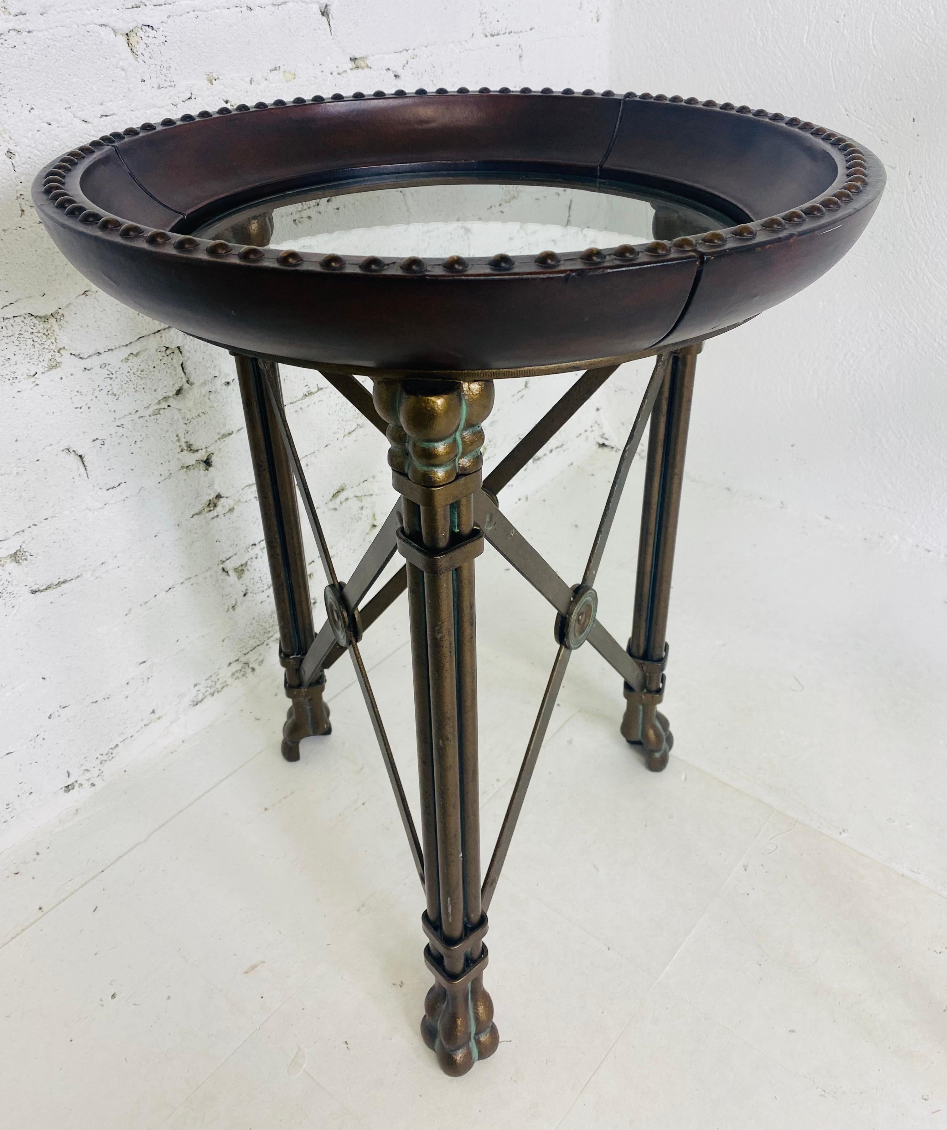 Metal Vintage Empire style round side table after Maitland Smith For Sale