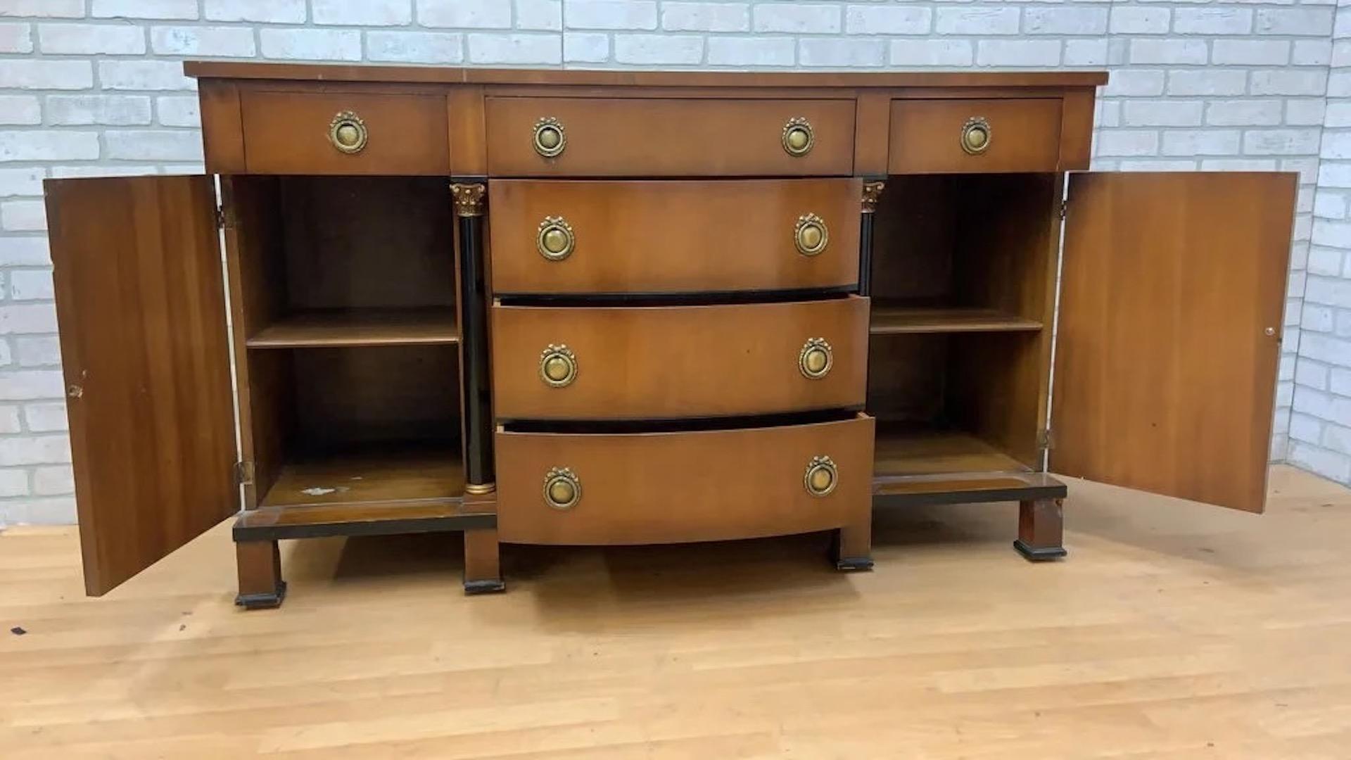 20th Century Vintage Empire Style Sideboard/Credenza Storage with Black and Gold Columns For Sale
