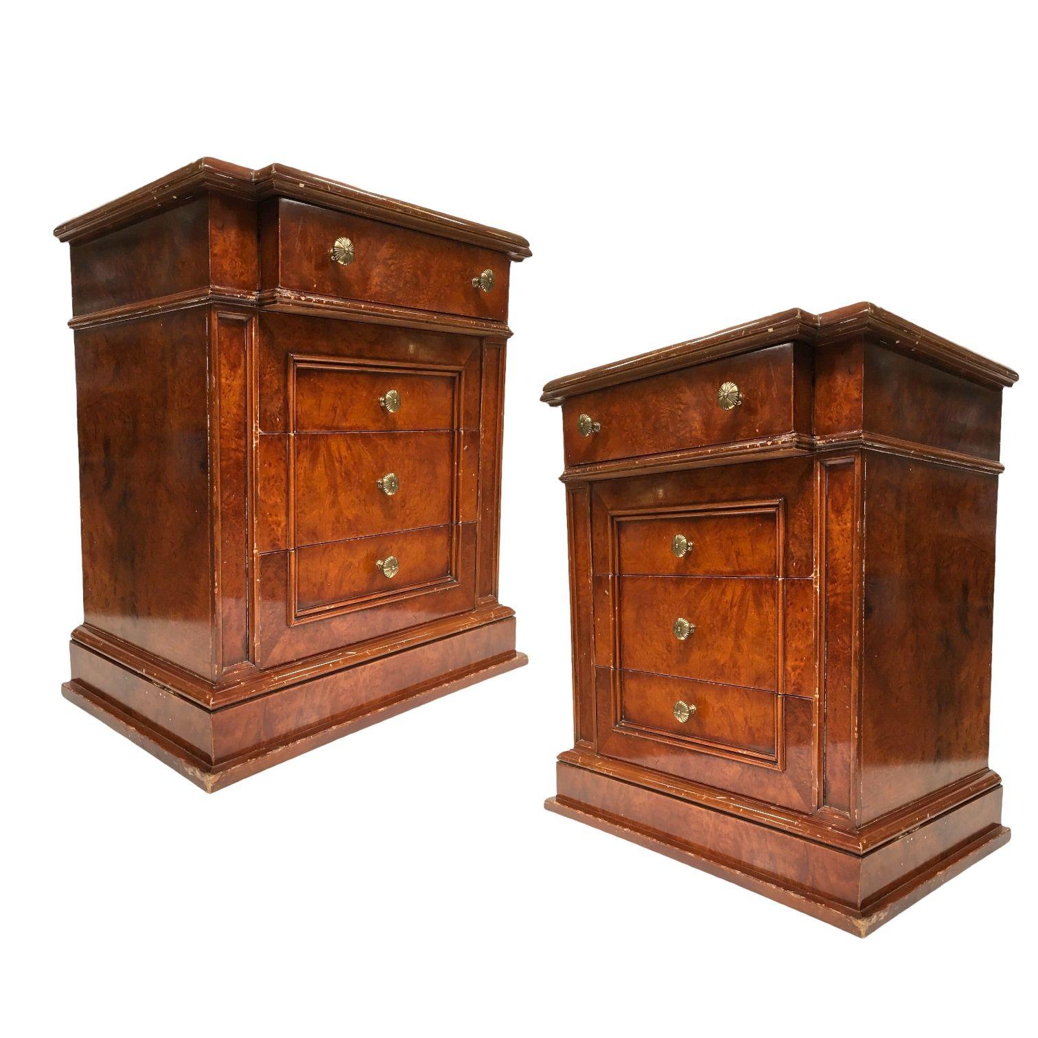 Vintage solid maple wood nightstands with 4 drawers each. Set of 2. 1,200
 
This pair of nightstands are made to last. Solid wood makes for a sturdy piece. Each piece has 4 drawers, comes with solid brass knobs, and features a beautiful natural