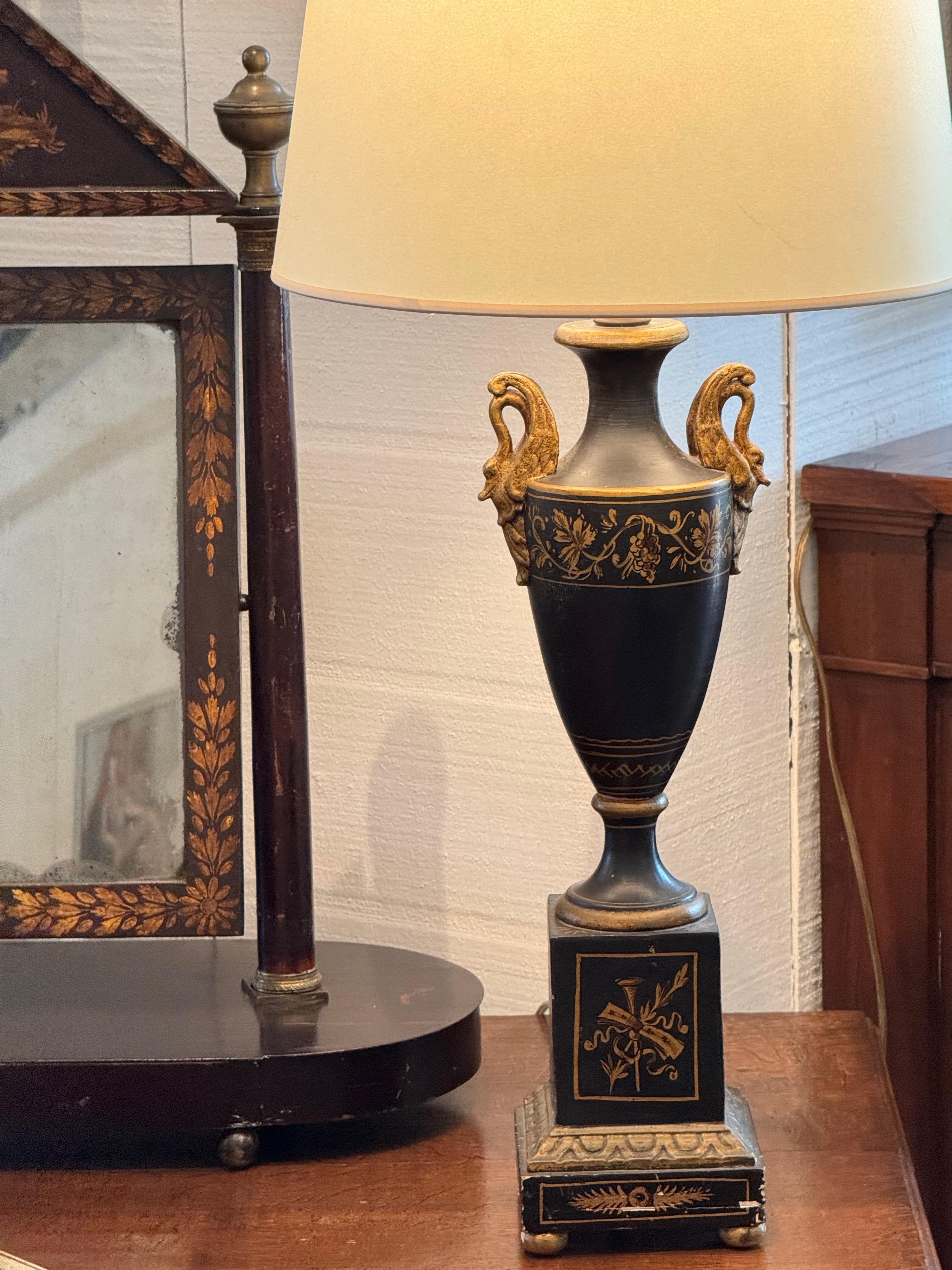 French Vintage Empire-Style Swan Handle Lamp in Black and Gold For Sale