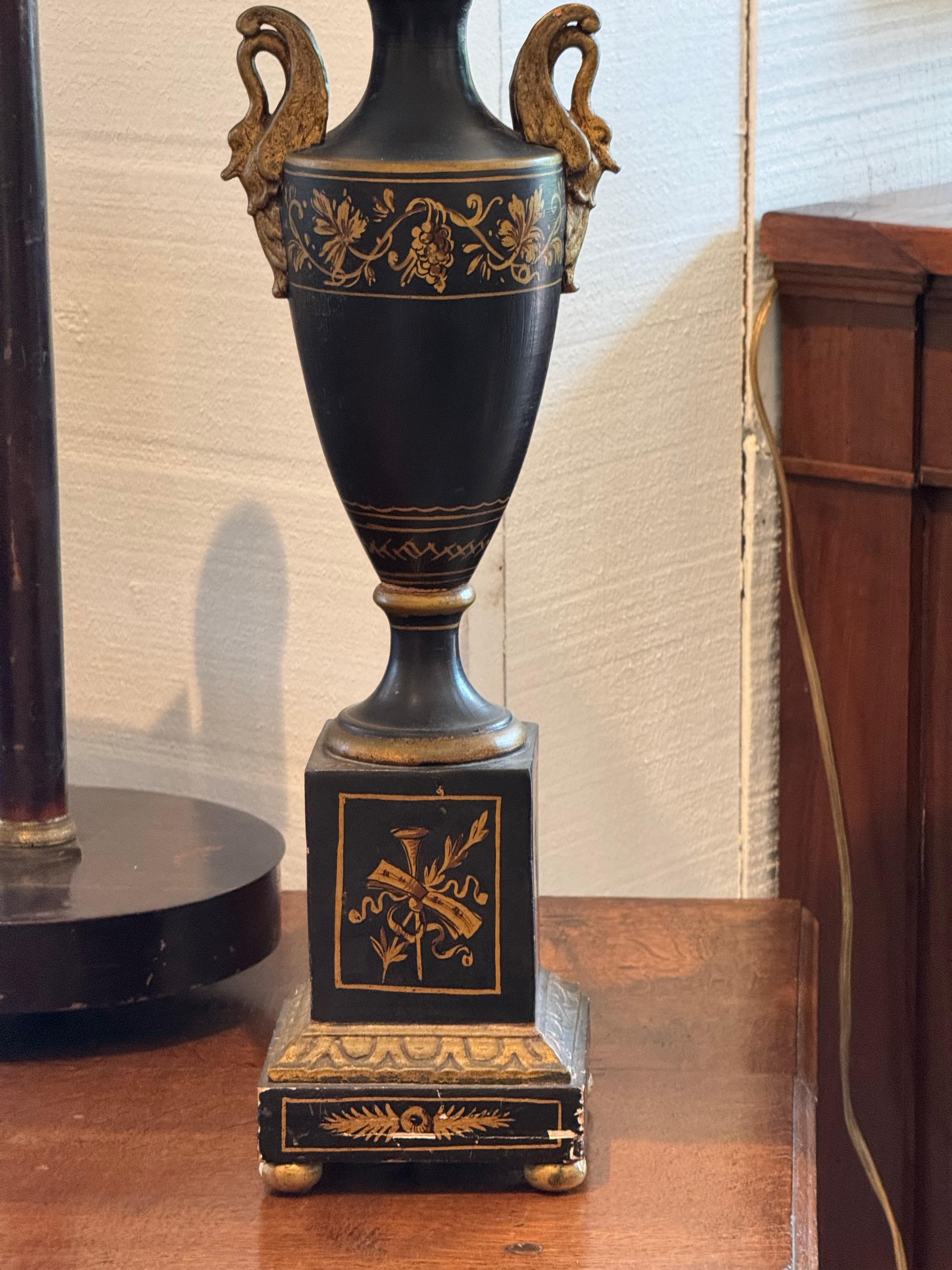 Vintage Empire-Style Swan Handle Lamp in Black and Gold In Good Condition For Sale In Charlottesville, VA