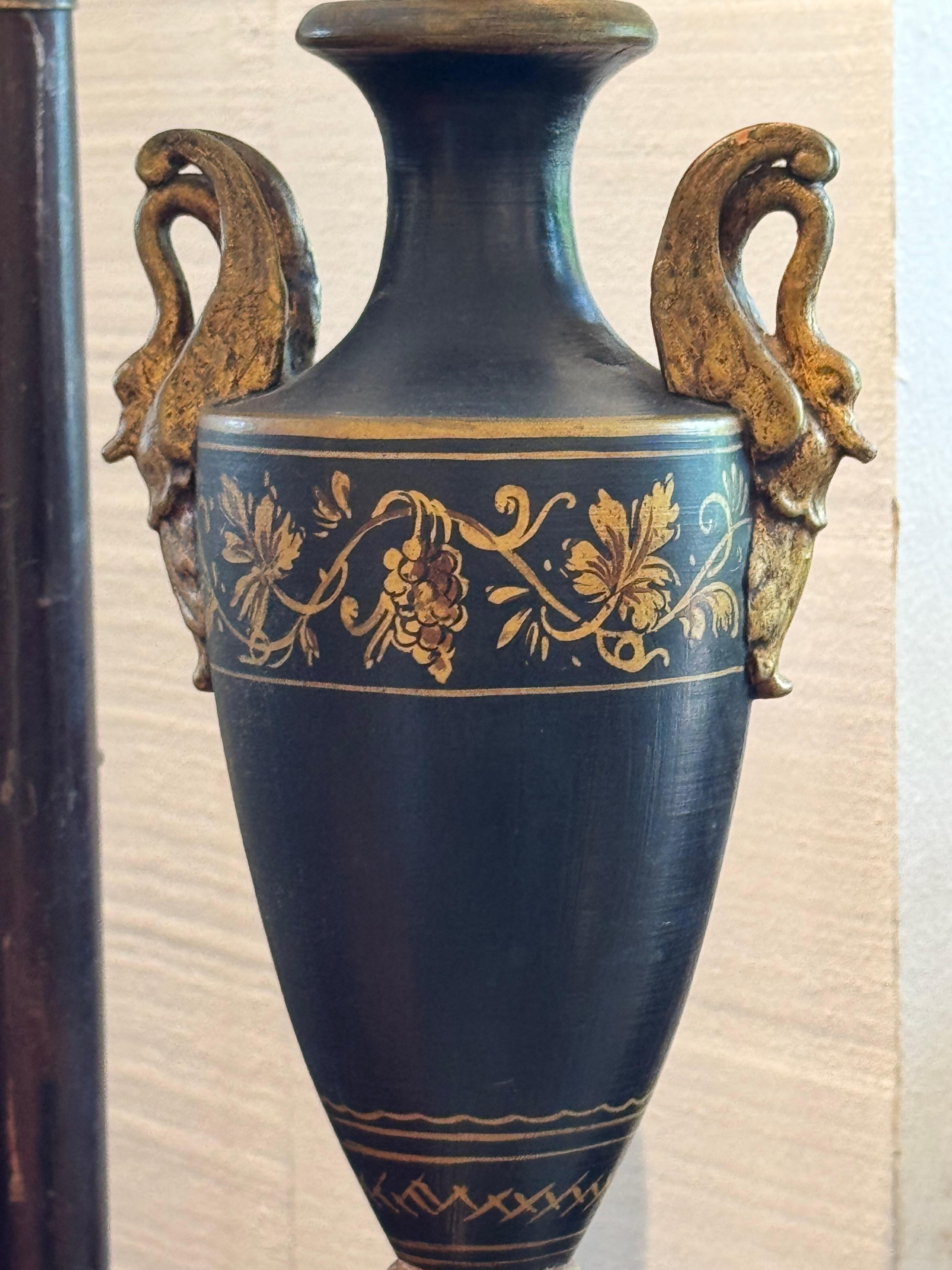 Ceramic Vintage Empire-Style Swan Handle Lamp in Black and Gold For Sale