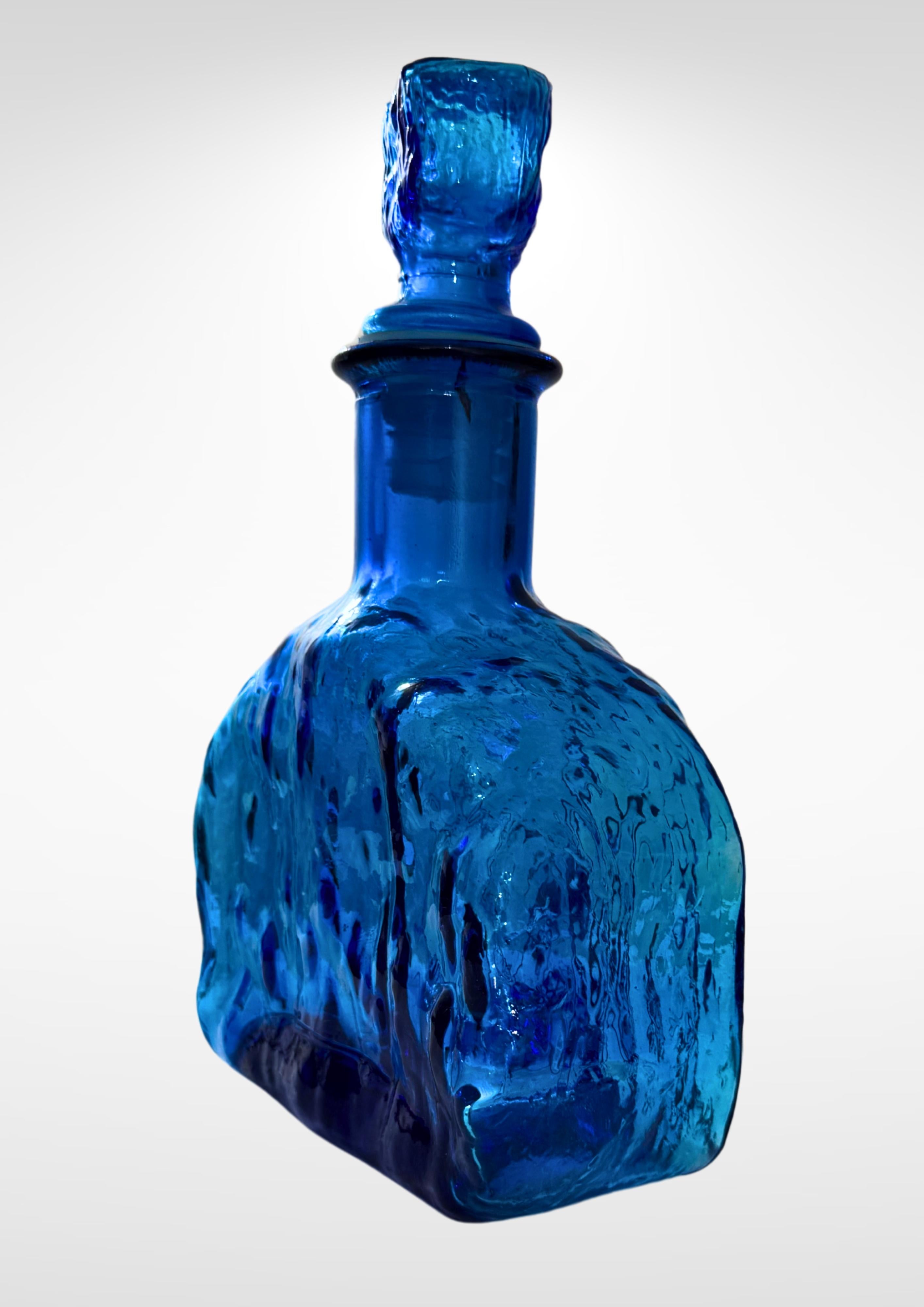 Mid-Century Modern Vintage Empoli Cadmium Blue Glass Bottle & Stopper For Sale