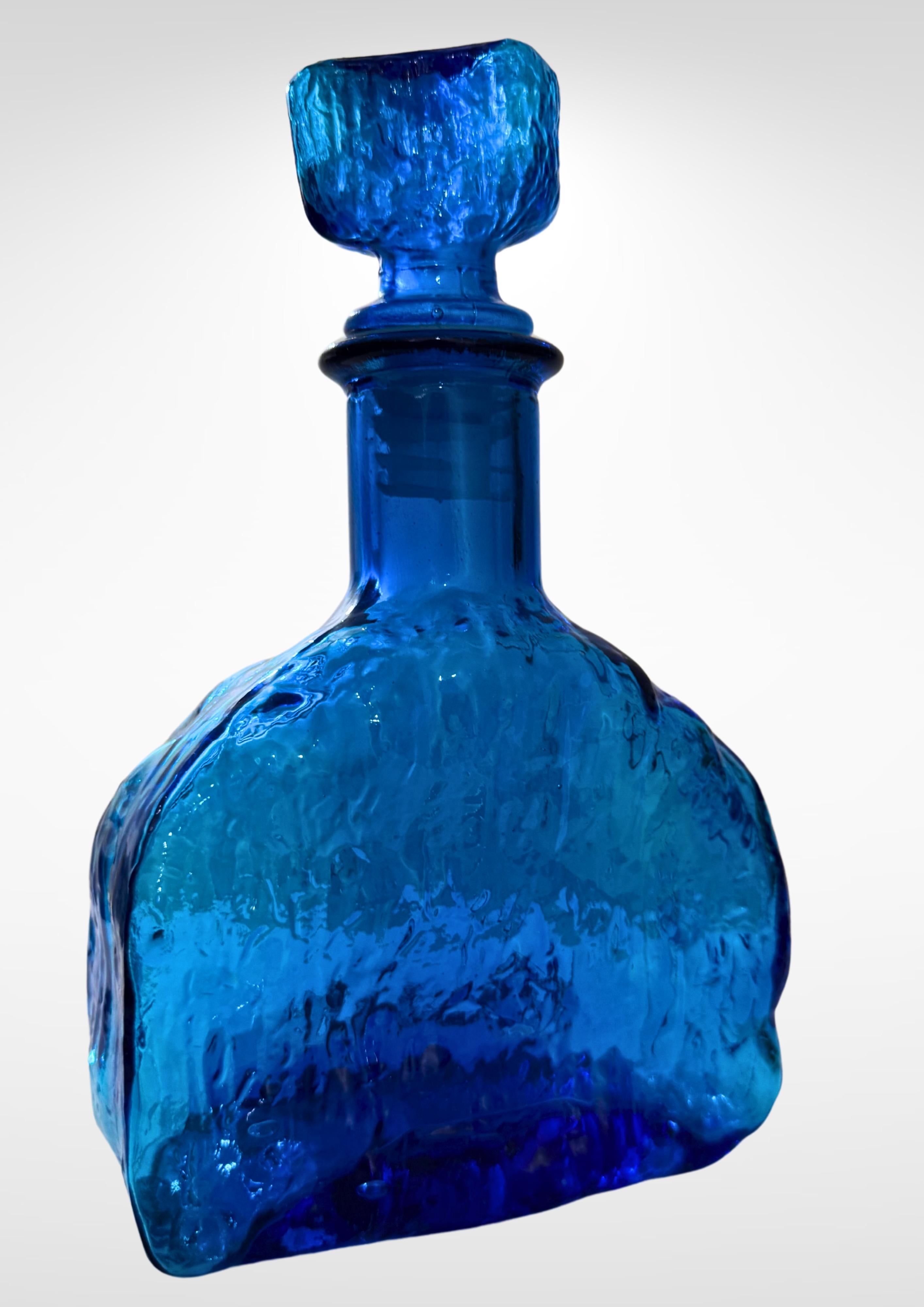 Molded Vintage Empoli Cadmium Blue Glass Bottle & Stopper For Sale