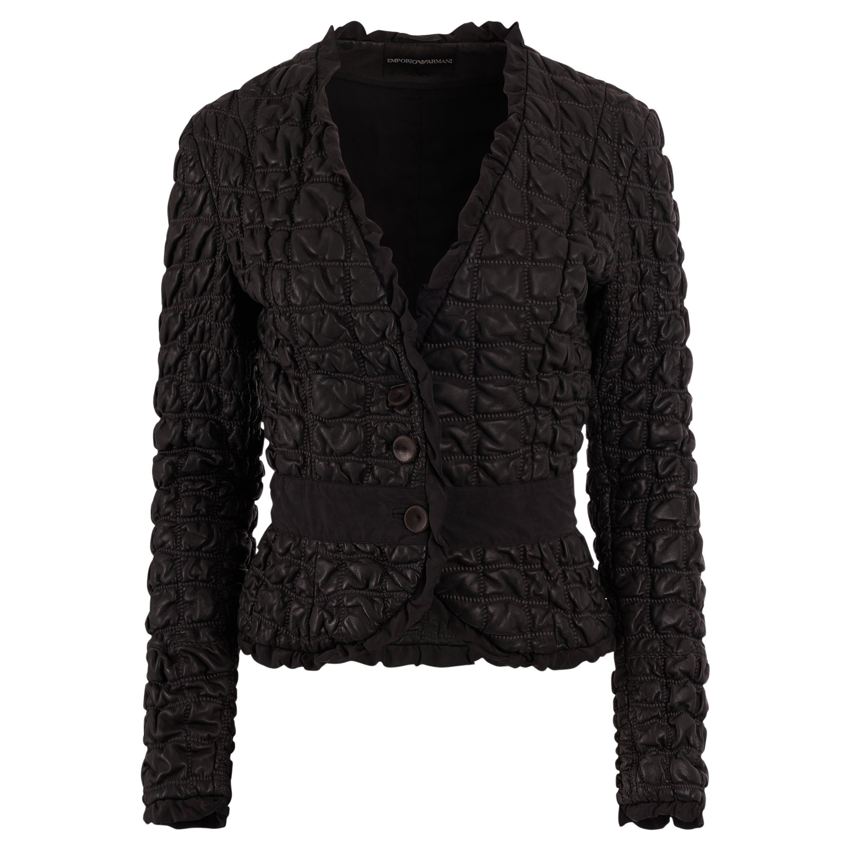 Vintage Emporio Armani F/W 2005 Black Leather Quilted Blazer For Sale