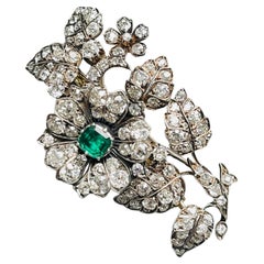 Vintage En Tremblant Old Mine Cut Diamond And Columbian Emerald Brooch.