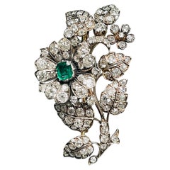 Vintage En Tremblant Old Mine Cut Diamond And Columbian Emerald Brooch.