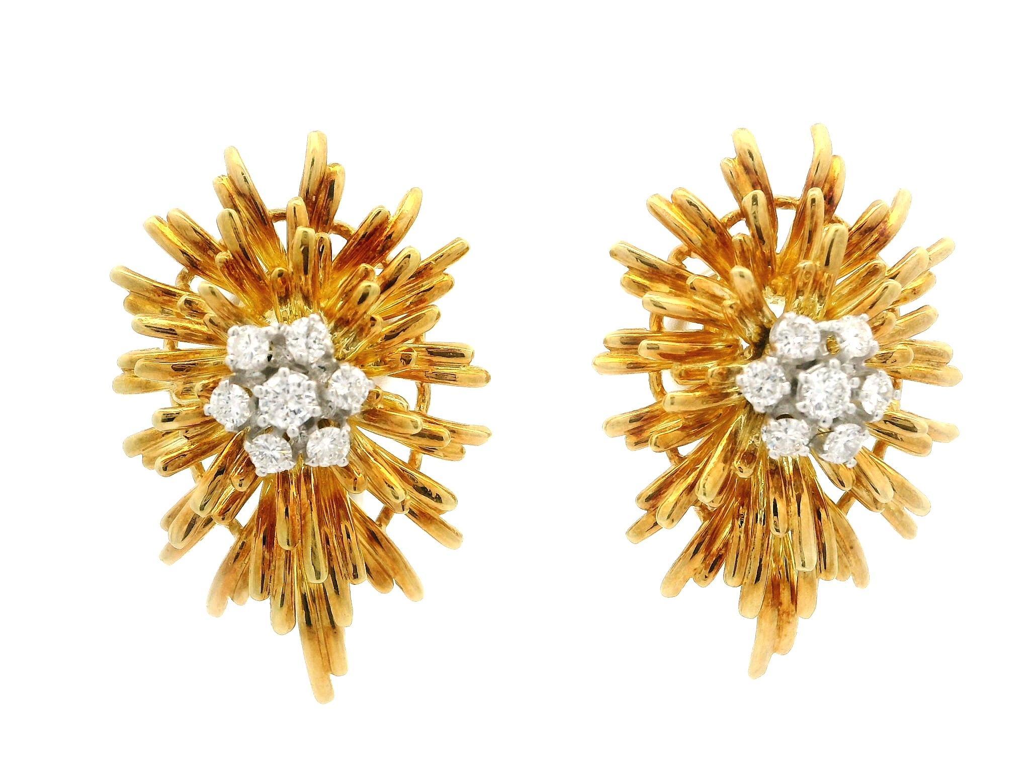 Vintage En Tremblant Solid Gold 0.75ct Diamond Cluster Burst Spray Earrings In Good Condition For Sale In Montclair, NJ