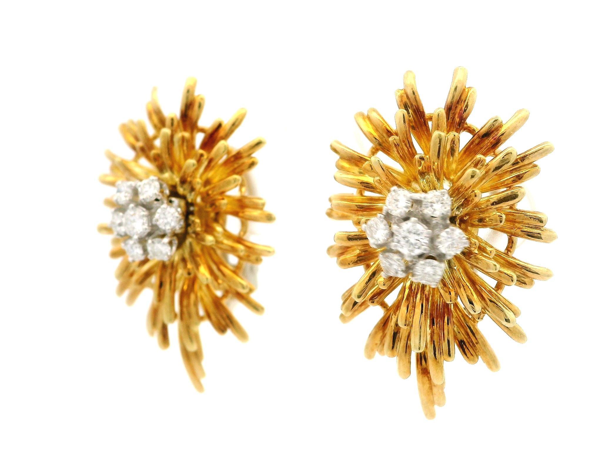 Vintage En Tremblant Solid Gold 0.75ct Diamond Cluster Burst Spray Earrings For Sale 1