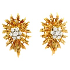 Vintage En Tremblant Solid Gold 0.75ct Diamond Cluster Burst Spray Earrings