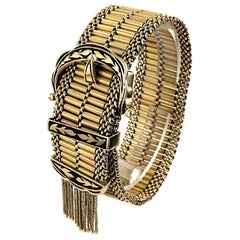Vintage Enamel 14 Karat Yellow Gold Buckle Slide Tassel Bracelet