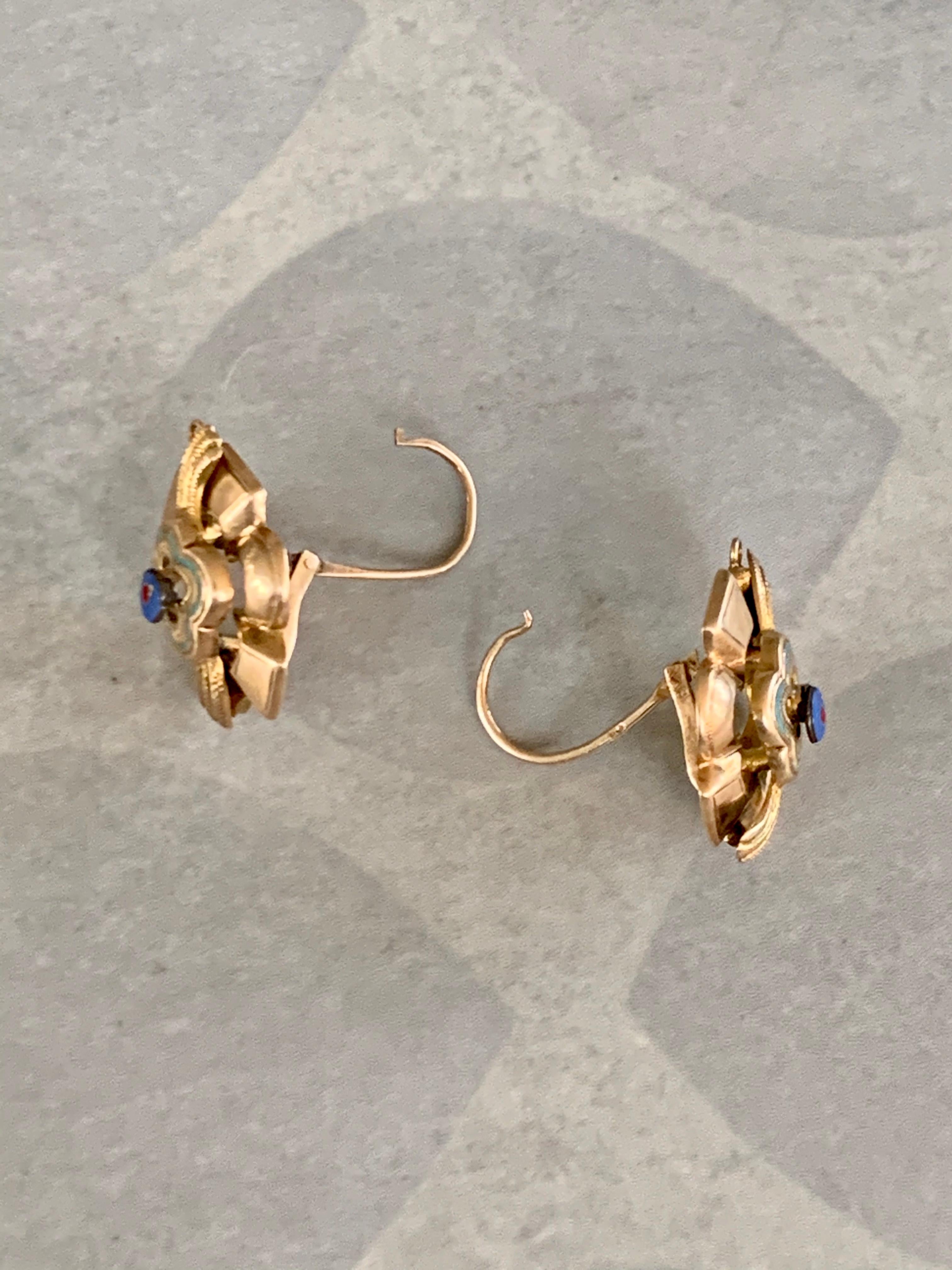 Women's Vintage Enamel 14 Karat Yellow Gold Front Hook Ear Wire Pierced Earrings