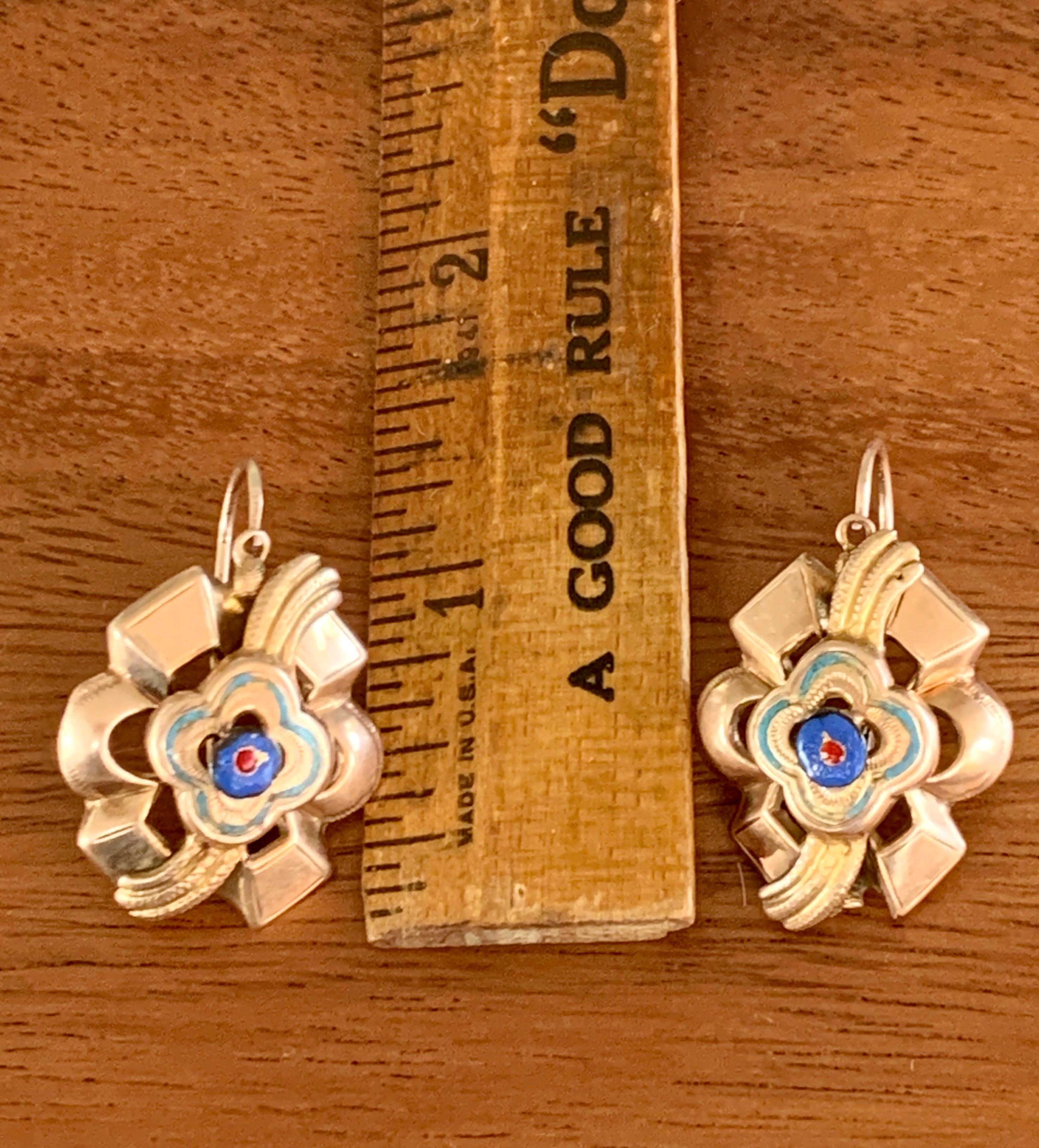 Vintage Enamel 14 Karat Yellow Gold Front Hook Ear Wire Pierced Earrings 1