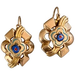 Vintage Enamel 14 Karat Yellow Gold Front Hook Ear Wire Pierced Earrings