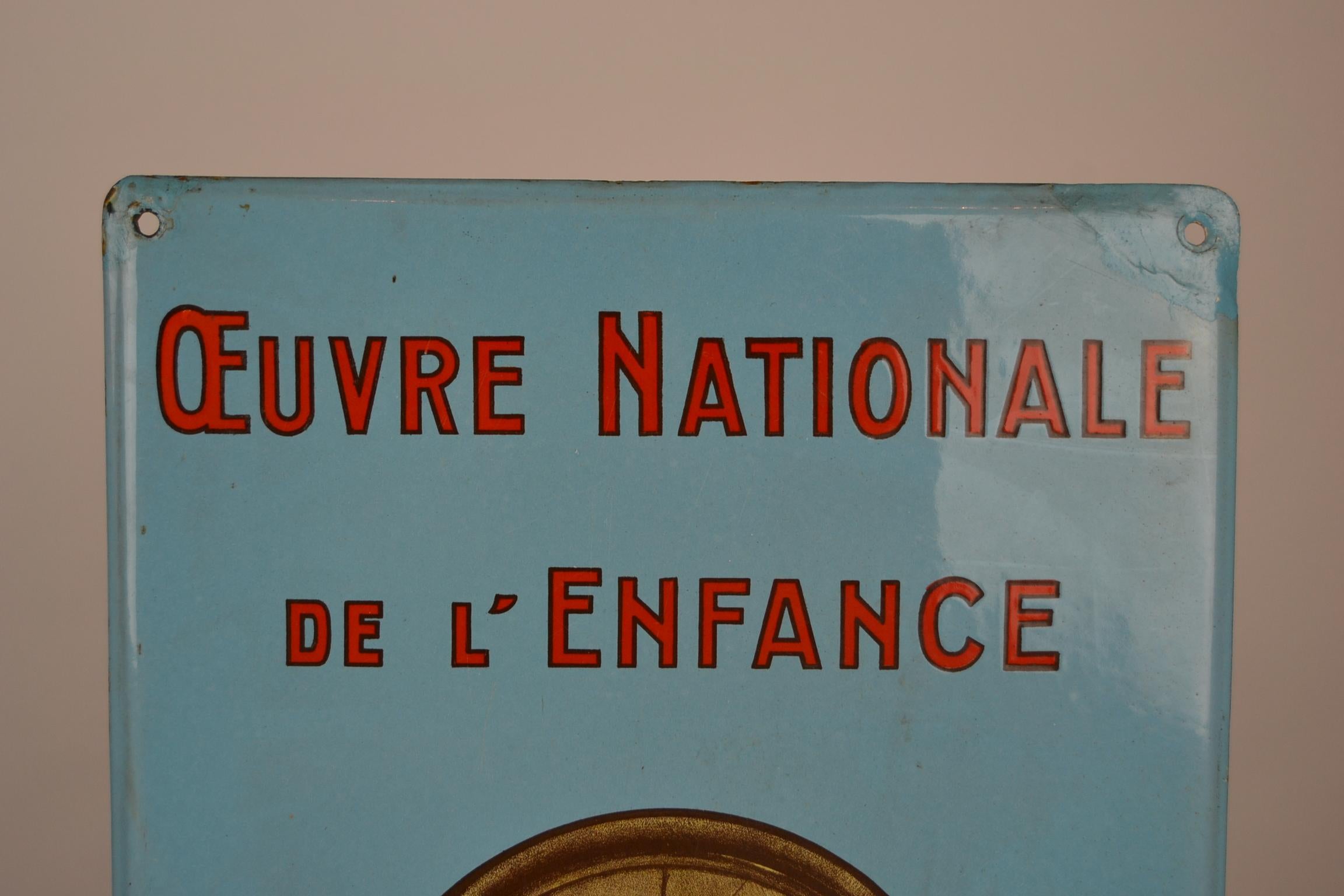 Vintage Enamel Advertising Sign, Oeuvre Nationale de L' Enfance In Good Condition In Antwerp, BE