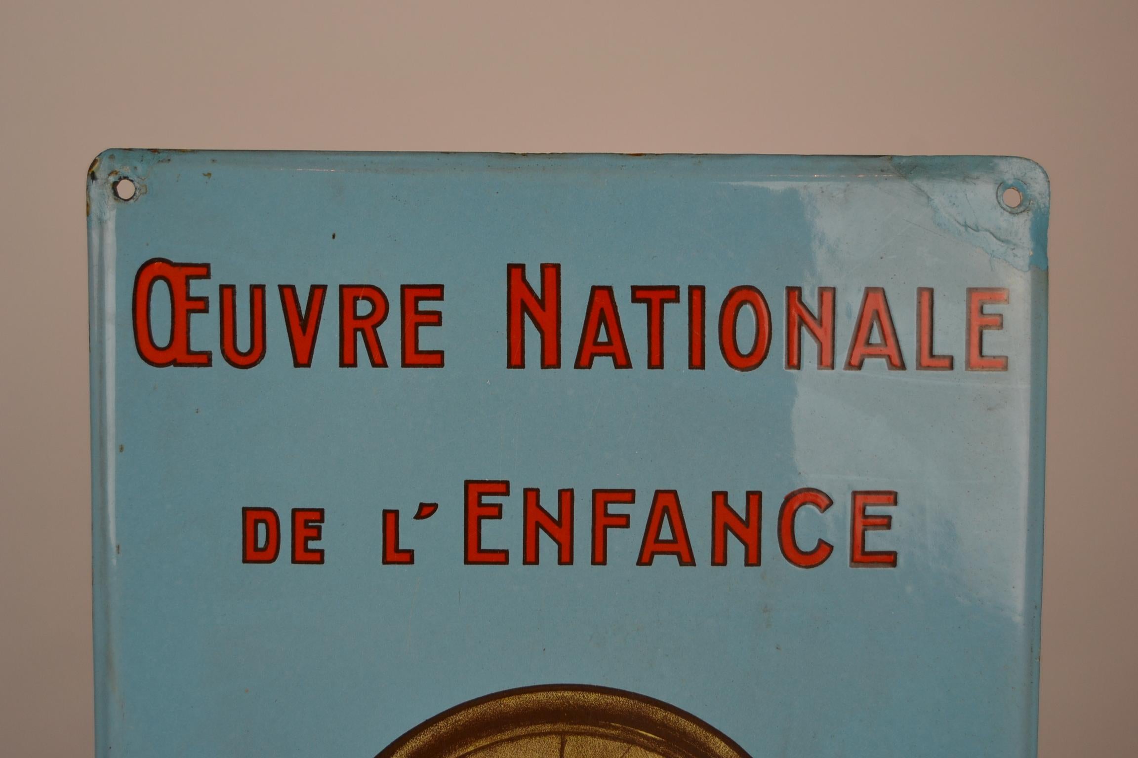 20ième siècle Vieille pancarte publicitaire en émail:: Oeuvre Nationale de L' Enfance