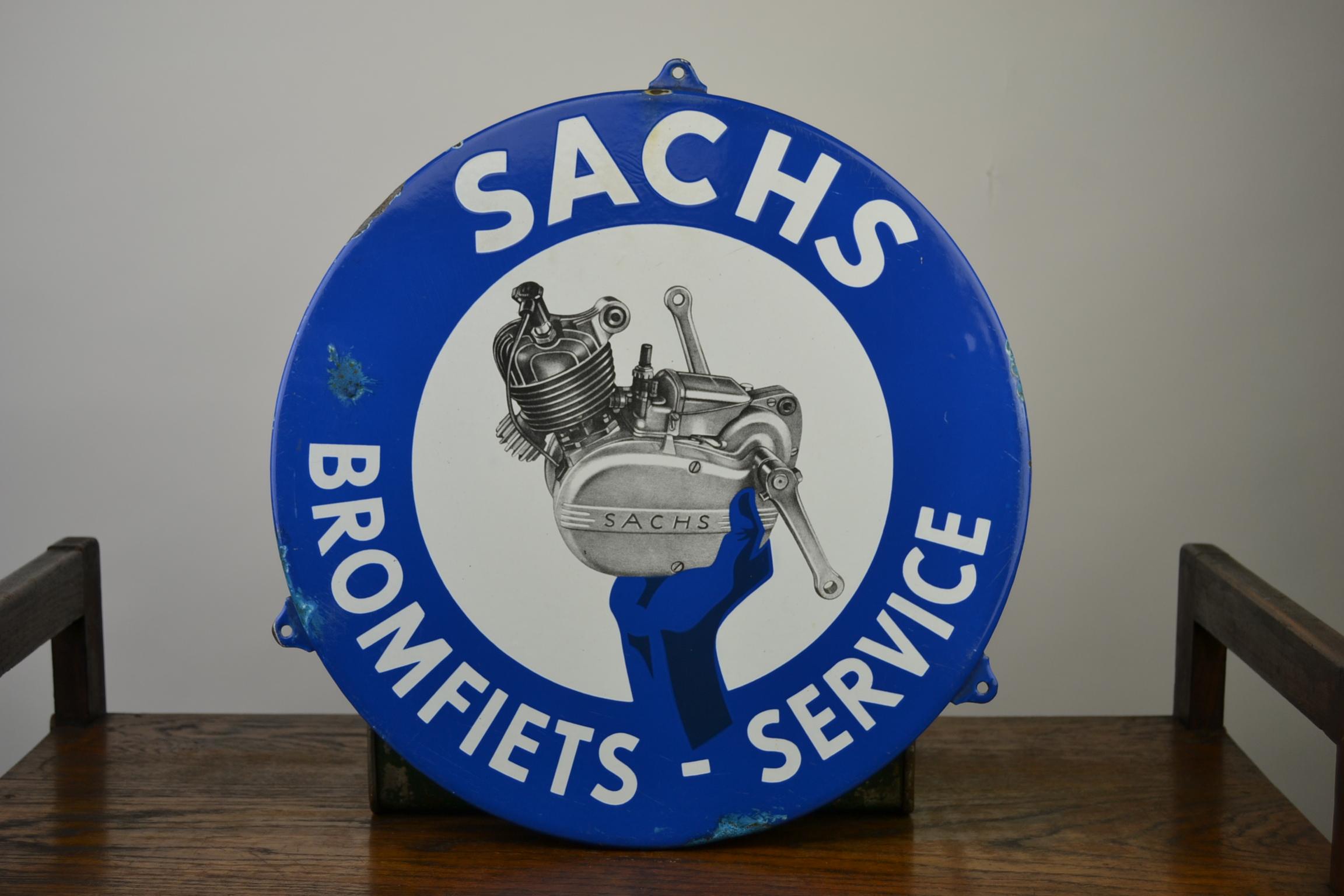 Mid-Century Modern Vintage Enamel Advertising Sign SACHS Engine Block, 1950s