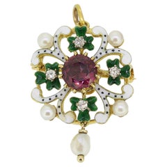Vintage-Blumenanhänger aus Emaille, Amethyst, Diamant und Perle
