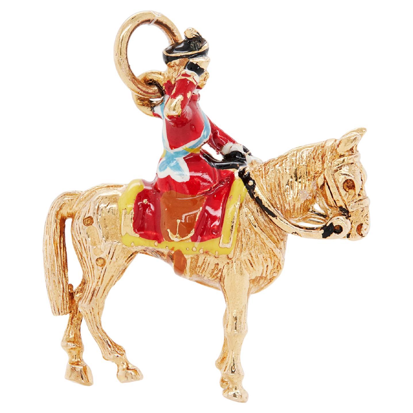 Vintage Enamel and 9K Yellow Gold 3D Royal Queen's Guard & Horse Charm
