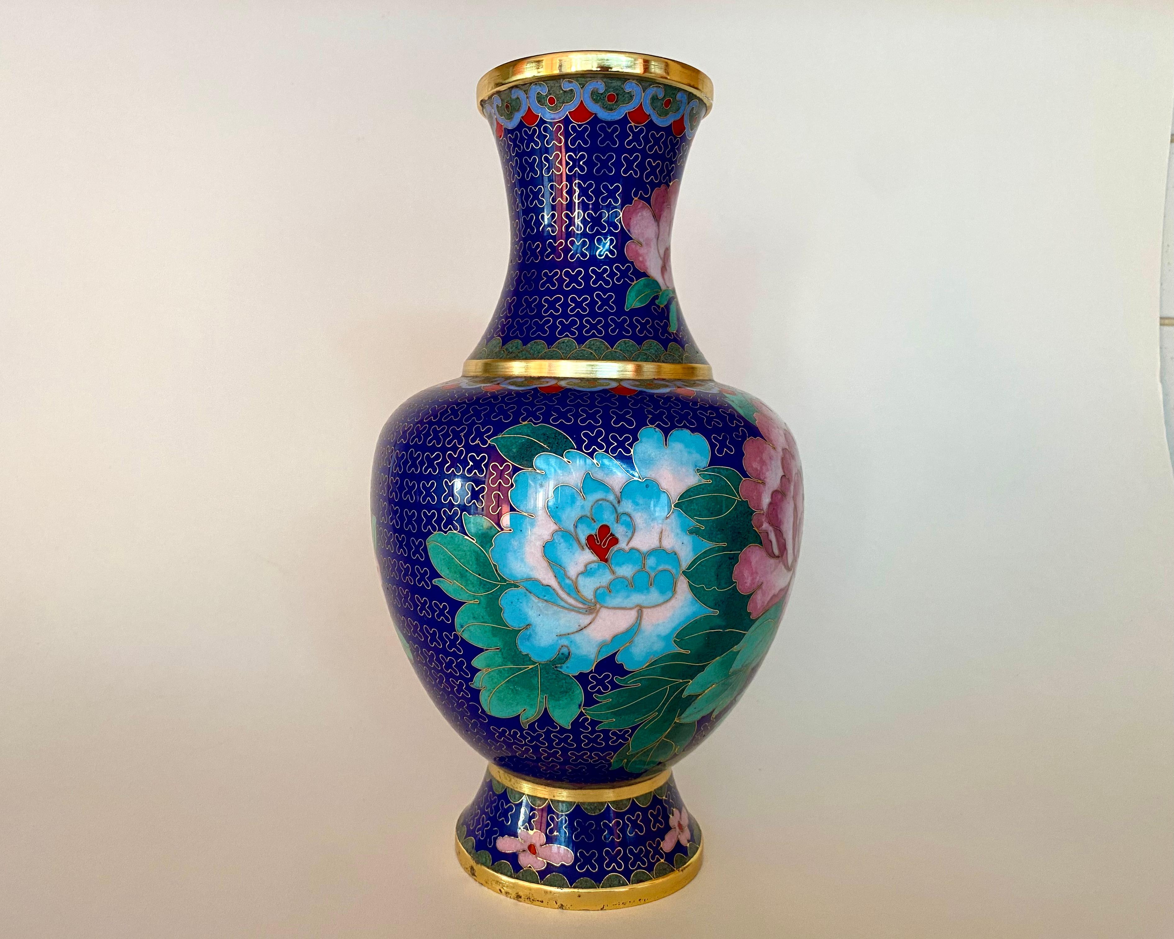 Chinese Vintage Enamel and Brass Vase in Cloisonné Technique, China, 1980 For Sale