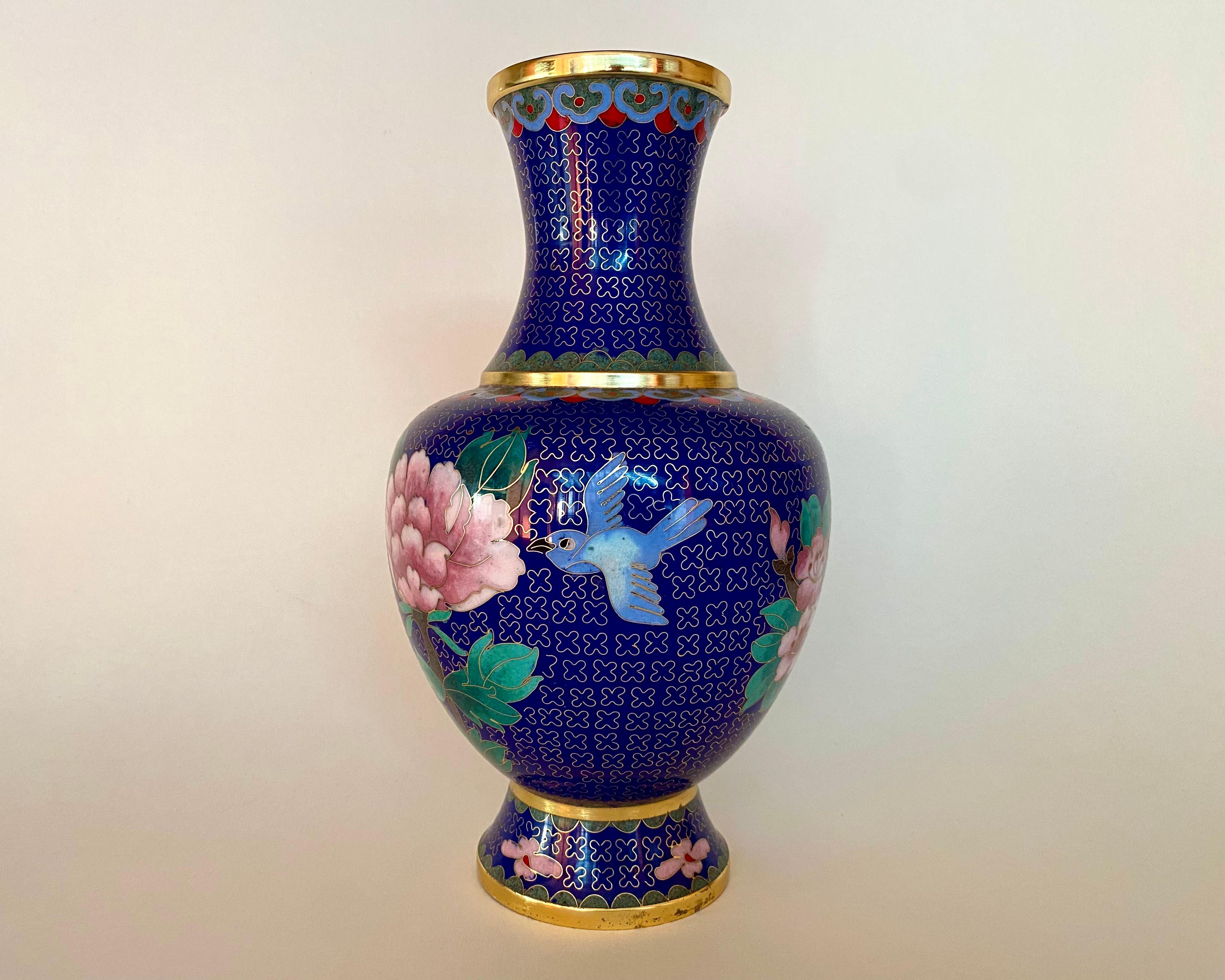 Late 20th Century Vintage Enamel and Brass Vase in Cloisonné Technique, China, 1980 For Sale
