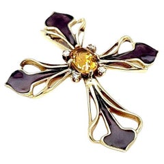 Colgante vintage de esmalte y cruz de citrino en oro amarillo