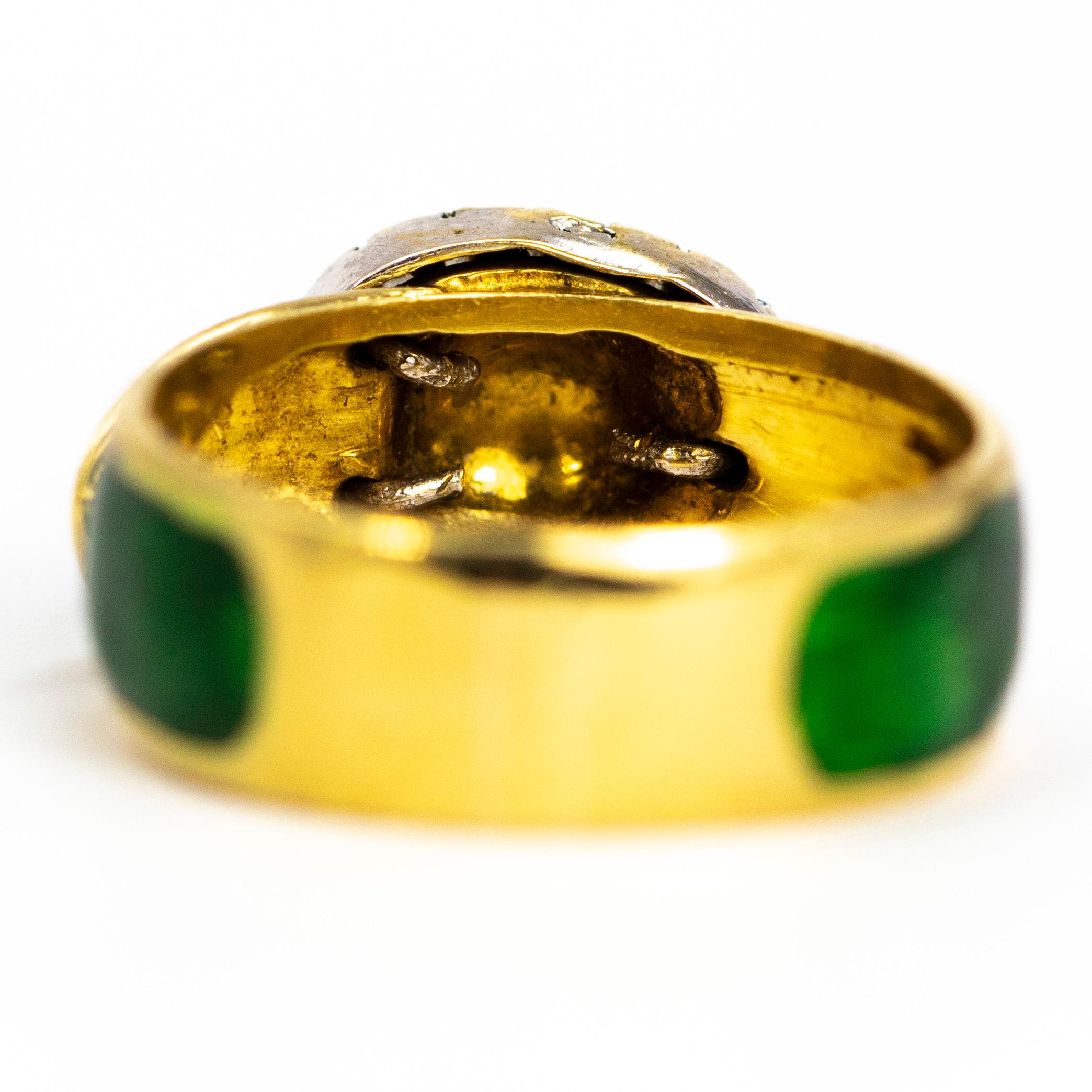 Modern Vintage Enamel and Diamond 18 Carat Gold Buckle Ring