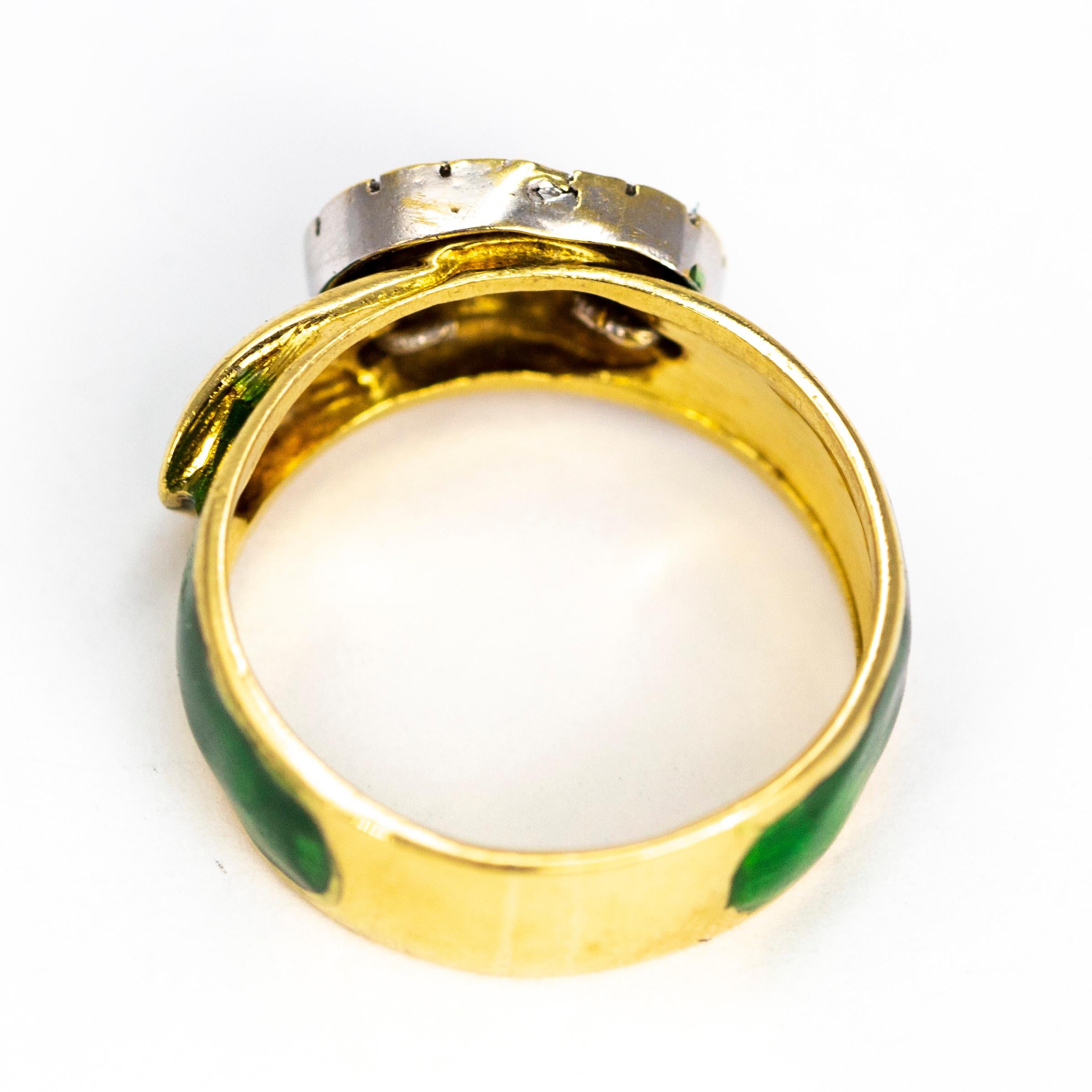Vintage Enamel and Diamond 18 Carat Gold Buckle Ring In Good Condition In Chipping Campden, GB
