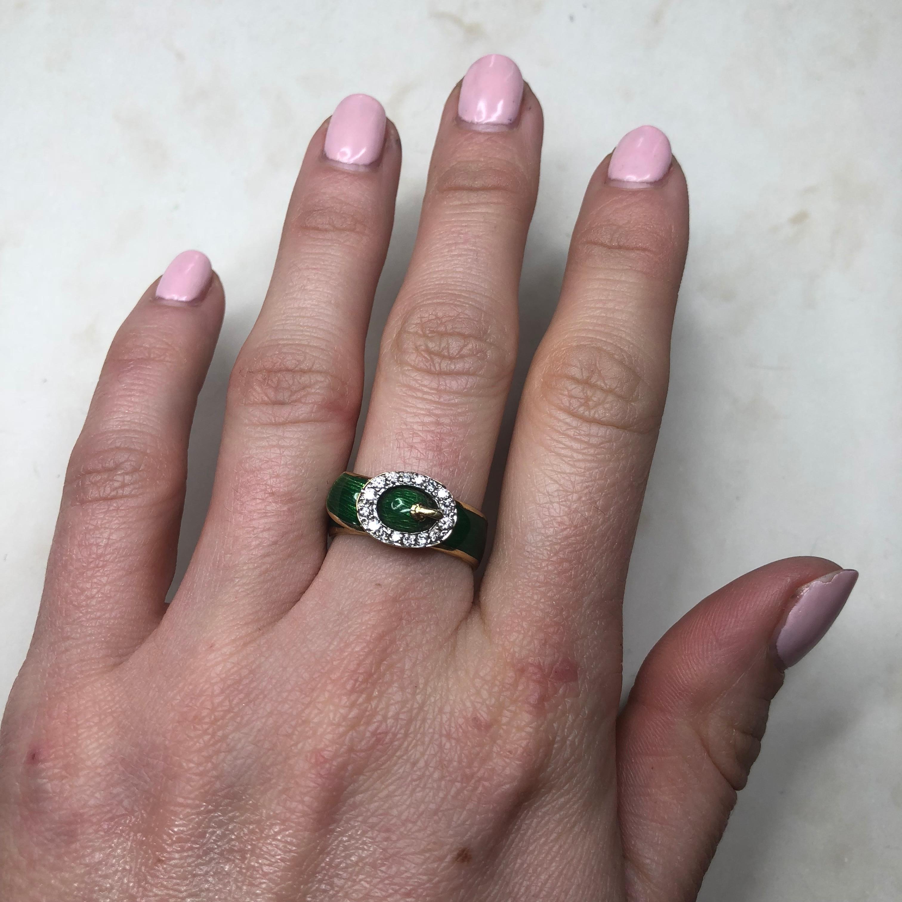 Women's or Men's Vintage Enamel and Diamond 18 Carat Gold Buckle Ring